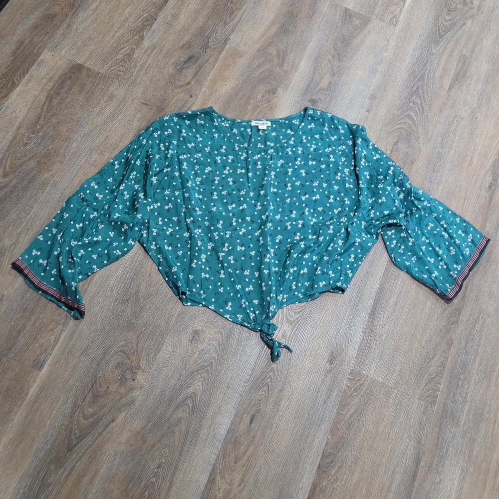 Billabong Teal Floral Tie Front Crop Blouse Top Green Large